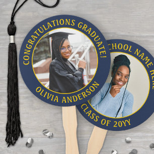 Any Quote 2 Photo Navy Blue Gold Yellow Graduation Hand Fan