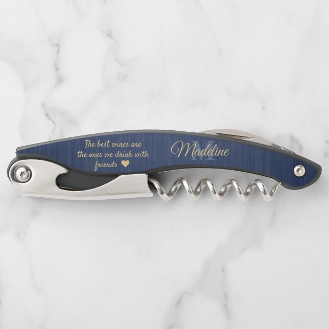 Any Quote Script Monogram Brushed Blue and Gold Corkscrew (Front)