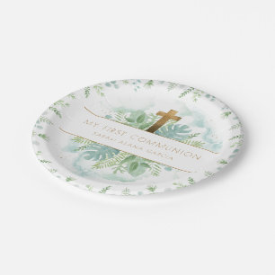 Any Religious Event, Elegant Green & Blue Greenery Paper Plate