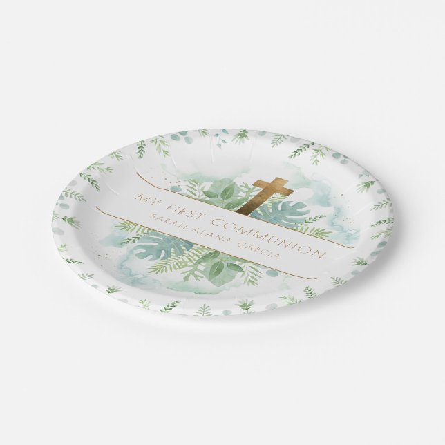 Any Religious Event, Elegant Green & Blue Greenery Paper Plate (Angled)