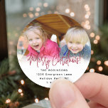 Any Script Round Photo Red Return Address Labels<br><div class="desc">Add a stylish finishing touch to holiday card envelopes with modern custom photo round return address labels. The picture and all text on this template are simple to personalise with any wording, such as Merry Christmas, Happy Holidays, Seasons Greetings, or Happy New Year. As an option, change the script typography...</div>