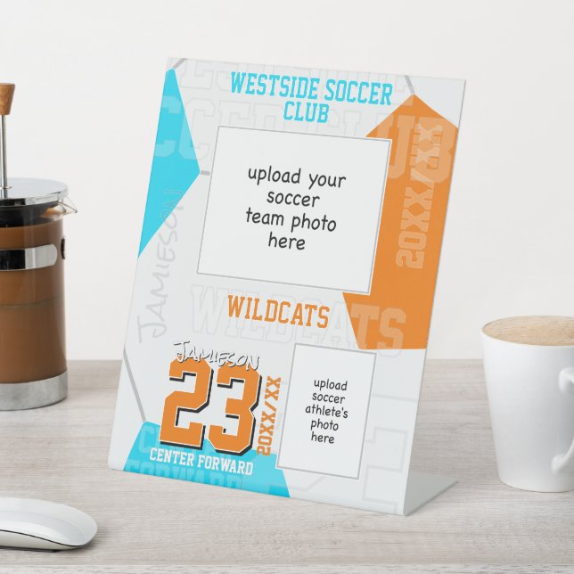 ANY team colors soccer team + athlete photo Pedestal Sign (In SItu)