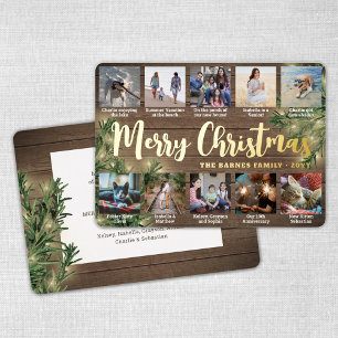 Any Text 10 Photo Collage Wood, Greenery & Lights Foil Holiday Card