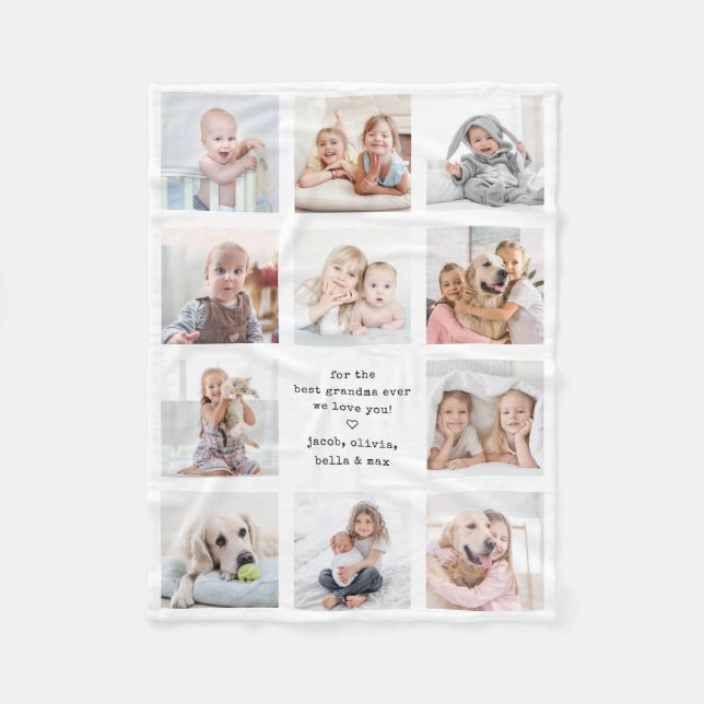 Any Text 11 Photo Collage Modern Minimal Keepsake Fleece Blanket (Front)