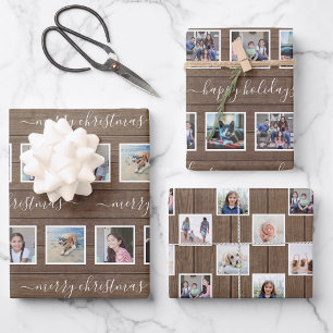 Any Text 12 Photo Collage Rustic Wood Christmas Wrapping Paper Sheet