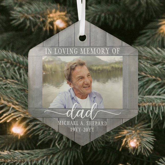 Any Text 1 Photo Memorial Gray Faux Wood Hexagon Glass Tree Decoration (Creator Uploaded)