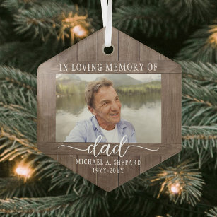 Any Text 1 Photo Memorial Rustic Faux Wood Hexagon Glass Tree Decoration