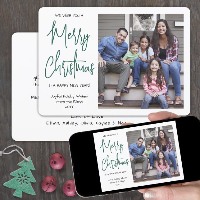 Any Text 1 Photo We Wish You Merry Christmas Green Holiday Card (Creator Uploaded)