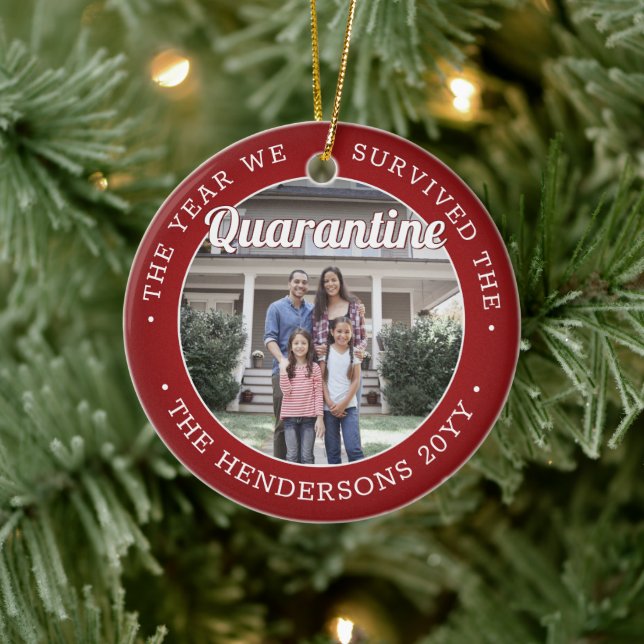 Any Text 2 Photo Funny Covid Quarantine Red White Ceramic Ornament (Tree)