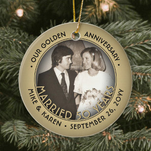 Any Text 2 Photo Golden 50th Wedding Anniversary Ceramic Ornament