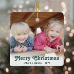 Any Text 2 Photo Green Retro Typography Simple Ceramic Ornament<br><div class="desc">Celebrate the simple joys of the holidays with a custom 2 photo retro typography square ceramic ornament. The pictures and all wording on this template are simple to personalise and can be different or the same on front and back. The colours and font styles are also easy to customise with...</div>