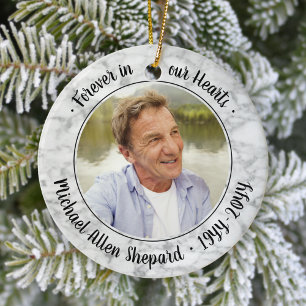 Any Text 2 Photo Memorial Elegant Faux Marble Ceramic Ornament