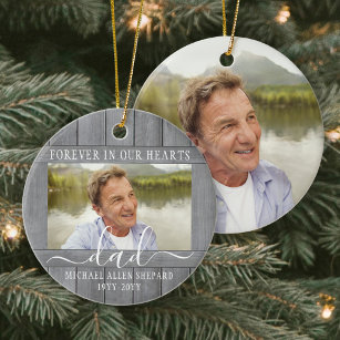 Any Text 2 Photo Memorial Simple Grey Faux Wood Ceramic Ornament