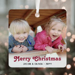 Any Text 2 Photo Red Retro Typography Simple Metal Tree Decoration<br><div class="desc">Celebrate the simple joys of the holidays with a custom 2 photo retro typography square metal ornament. Pictures and all text on this template are easy to customise and can be different or the same on front and back. It can include any wording, such as Merry Christmas, Happy Holidays, Best...</div>