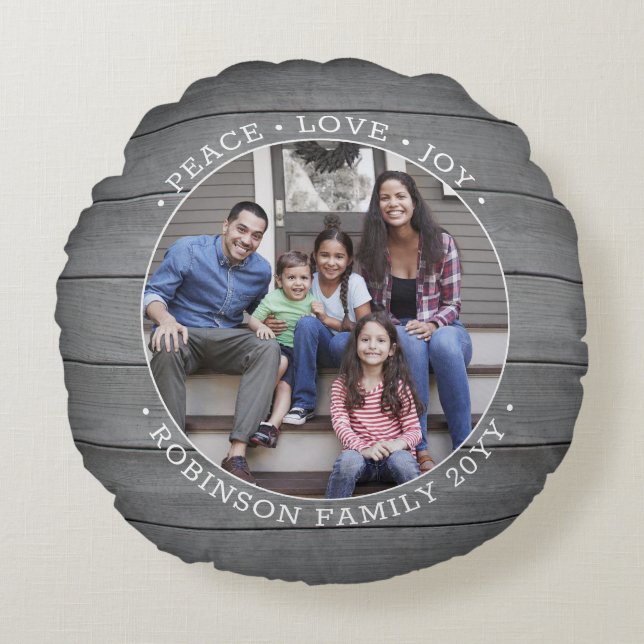 Any Text 2 Photo Rustic Grey Modern Farmhouse Wood Round Cushion (Front)
