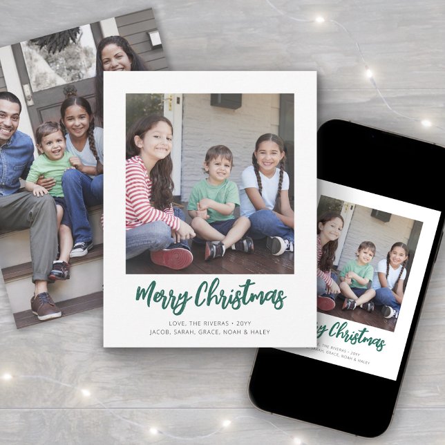 Any Text 2 Photo Simple Minimal Green Brush Script Holiday Card (Creator Uploaded)