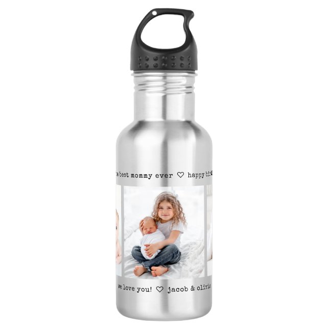 Any Text 3 Photo Collage Modern Minimal Keepsake 532 Ml Water Bottle (Front)