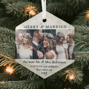 Any Text 3 Photo Newlyweds Merry & Married Marbled Glass Tree Decoration