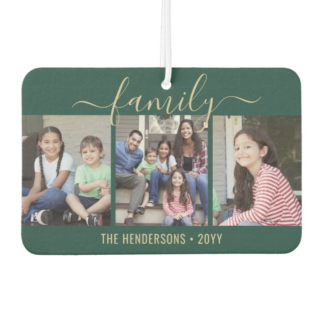 Any Text 4 Photo Script Family Green and Gold Car Air Freshener (Front)