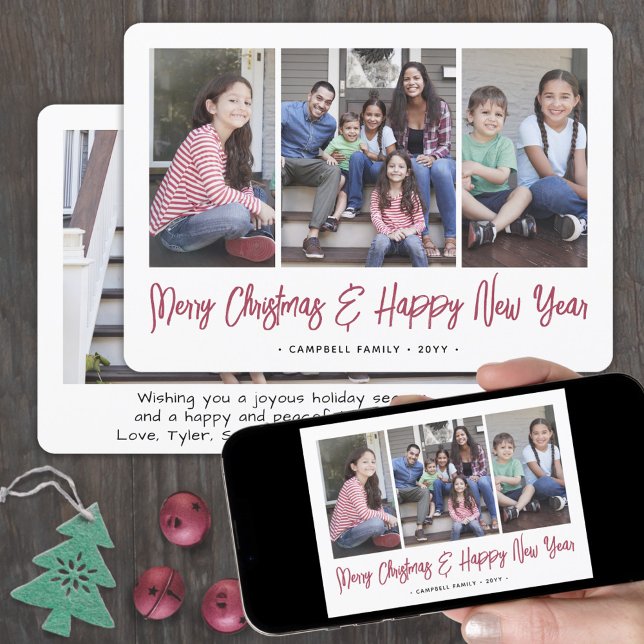 Any Text 4 Photo Simple Brushed Red Typography Holiday Card (Creator Uploaded)