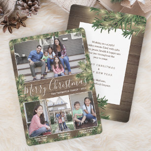 Any Text 4 Photos & Captions • Lights, Wood & Pine Holiday Card