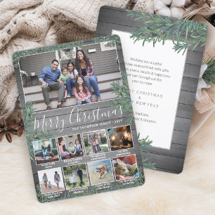 Any Text 9 Photo Collage & Captions Wood and Pine Holiday Card