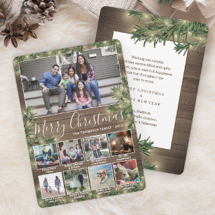Any Text 9 Photos & Captions   Lights, Wood & Pine Holiday Card