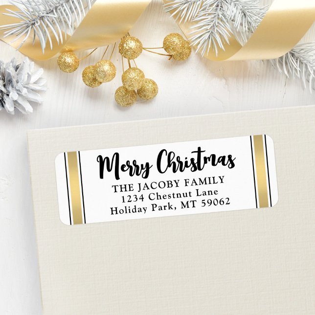 Any Text Black White Gold Christmas Return Address Label (Creator Uploaded)