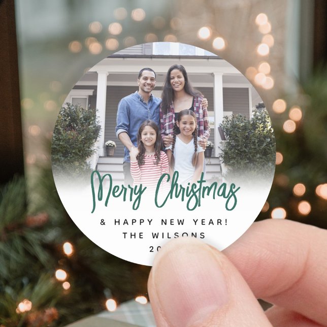 Any Text Chic Brushed Green Script Christmas Photo Classic Round Sticker (Creator Uploaded)