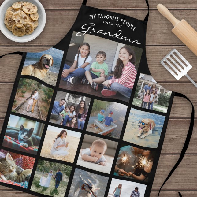 Any Text Family Photo Collage Grandma Black White Apron (Creator Uploaded)