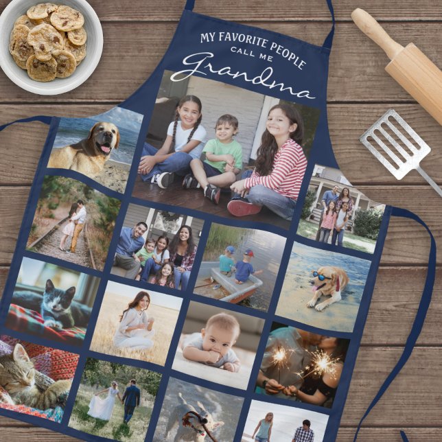 Any Text Family Photo Collage Grandma Navy Blue Apron (Creator Uploaded)