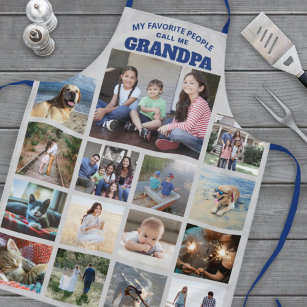 Any Text Family Photo Collage Grandpa Blue & Grey Apron