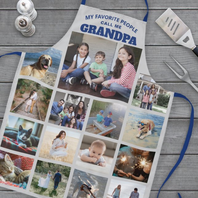 Any Text Family Photo Collage Grandpa Blue & Grey Apron (Creator Uploaded)