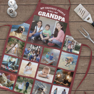 Any Text Family Photo Collage Grandpa Burgundy Red Apron