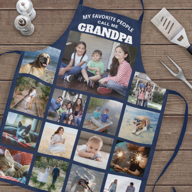 Any Text Family Photo Collage Grandpa Navy Blue Apron (Creator Uploaded)