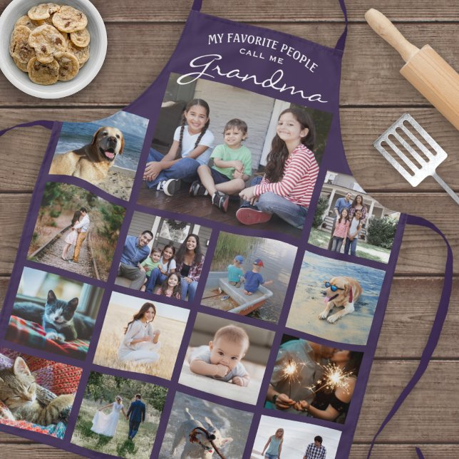 Any Text Family Photo Collage Grid Grandma Purple Apron (Creator Uploaded)