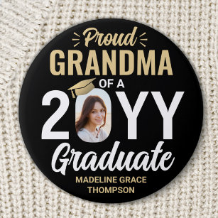 Any Text & Graduate Photo Proud Grandma Black Gold 7.5 Cm Round Badge