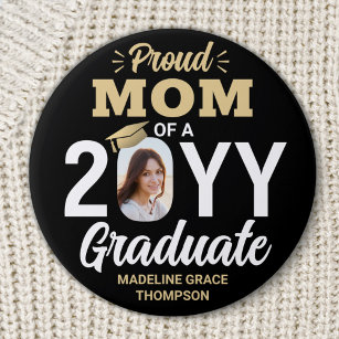 Any Text & Graduate Photo Proud Mum Black and Gold 7.5 Cm Round Badge