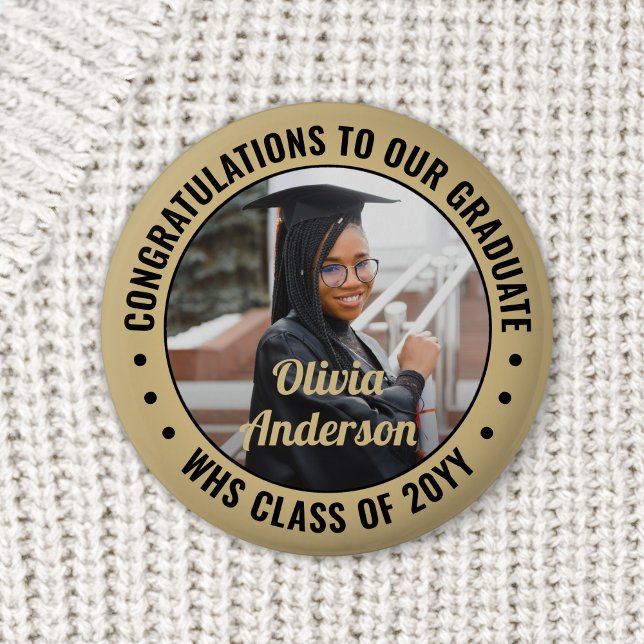 Any Text Graduation Photo Congrats Black and Gold 6 Cm Round Badge (Creator Uploaded)