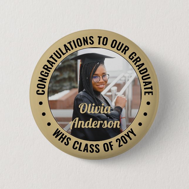 Any Text Graduation Photo Congrats Black and Gold 6 Cm Round Badge (Front)