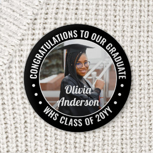 Any Text Graduation Photo Congrats Black and White 6 Cm Round Badge