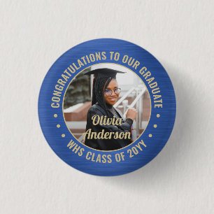 Any Text Graduation Photo Congrats Blue and Gold 3 Cm Round Badge