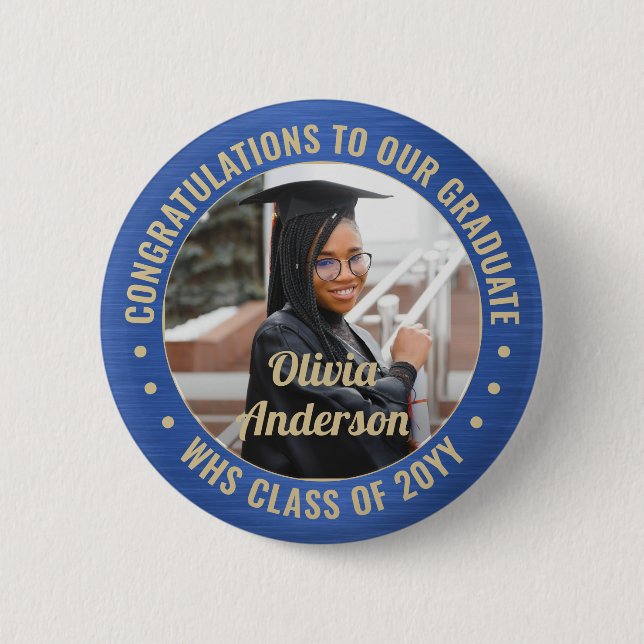 Any Text Graduation Photo Congrats Blue and Gold 6 Cm Round Badge (Front)