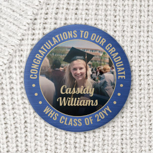 Any Text Graduation Photo Congrats Blue and Gold 6 Cm Round Badge