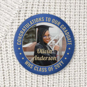 Any Text Graduation Photo Congrats Blue and Gold 6 Cm Round Badge