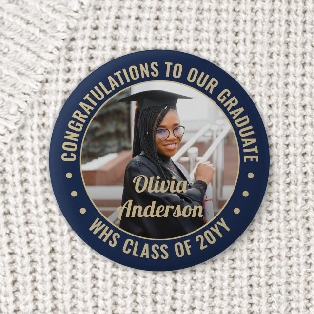 Any Text Graduation Photo Congrats Navy Blue Gold 6 Cm Round Badge (Creator Uploaded)