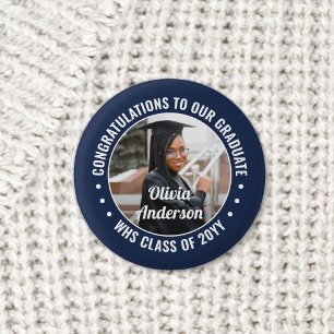 Any Text Graduation Photo Congrats Navy Blue White 3 Cm Round Badge