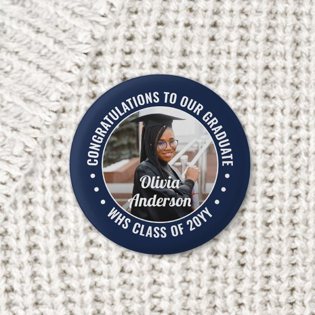 Any Text Graduation Photo Congrats Navy Blue White 3 Cm Round Badge (Creator Uploaded)