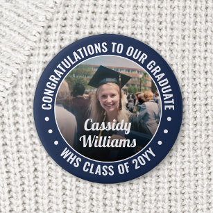 Any Text Graduation Photo Congrats Navy Blue White 6 Cm Round Badge