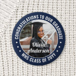 Any Text Graduation Photo Congrats Navy Blue White 6 Cm Round Badge<br><div class="desc">Say congratulations and show your pride for the graduate with cool customised photo buttons / badges. (IMAGE PLACEMENT TIP: An easy way to centre a photo exactly how you want is to crop it before uploading to the Zazzle website.) All text is simple to personalise with name, class year, school,...</div>
